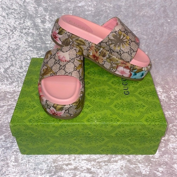 Gucci Shoes - Gucci Floral Monogram Platform Slides in Beige and Pink. Box is not available